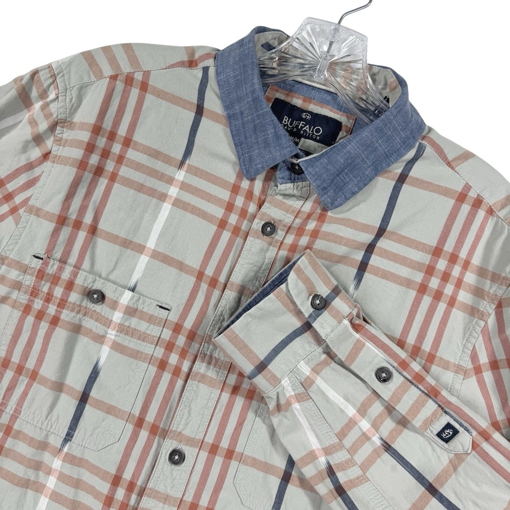Buffalo Button Down Shirt Mens Medium Sage Green Rust Plaid Ikat Roll Tab Sleeve